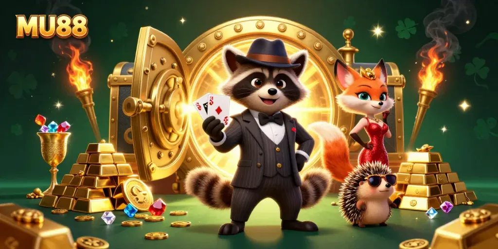 Engage in thrilling action at MU88 casino with raccoon, fox, and hedgehog characters in a gold-filled environment.