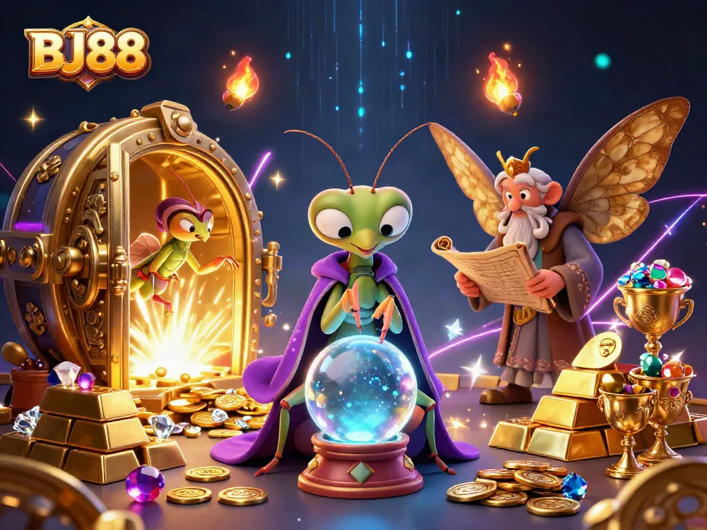 BJ88 brings vibrant casino excitement with a mystical fortune teller and gold treasures galore.