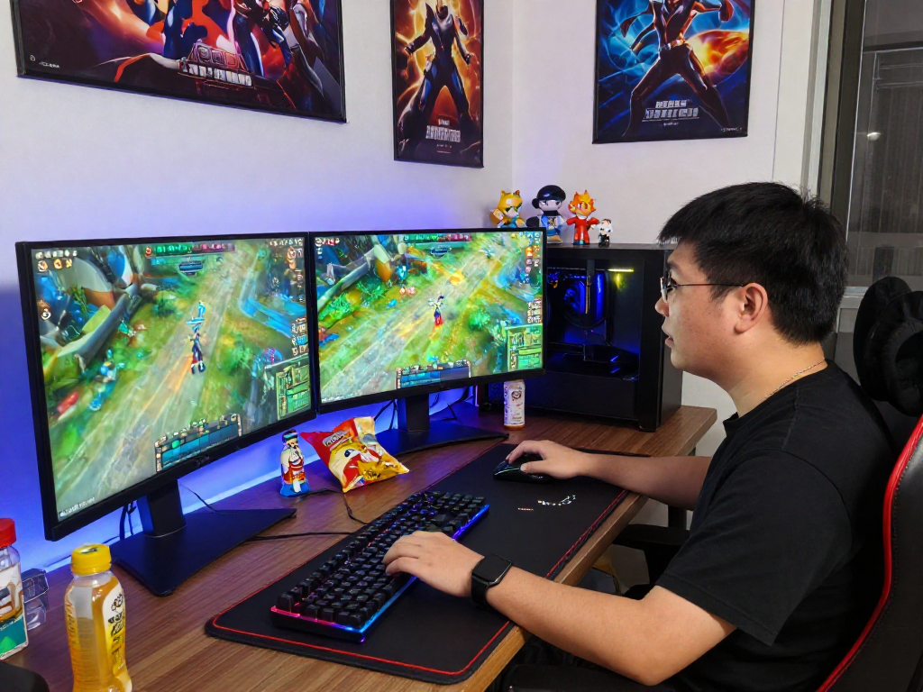 Engaged gamer using mpocash.blog for easy access to gaming resources in a vibrant setup