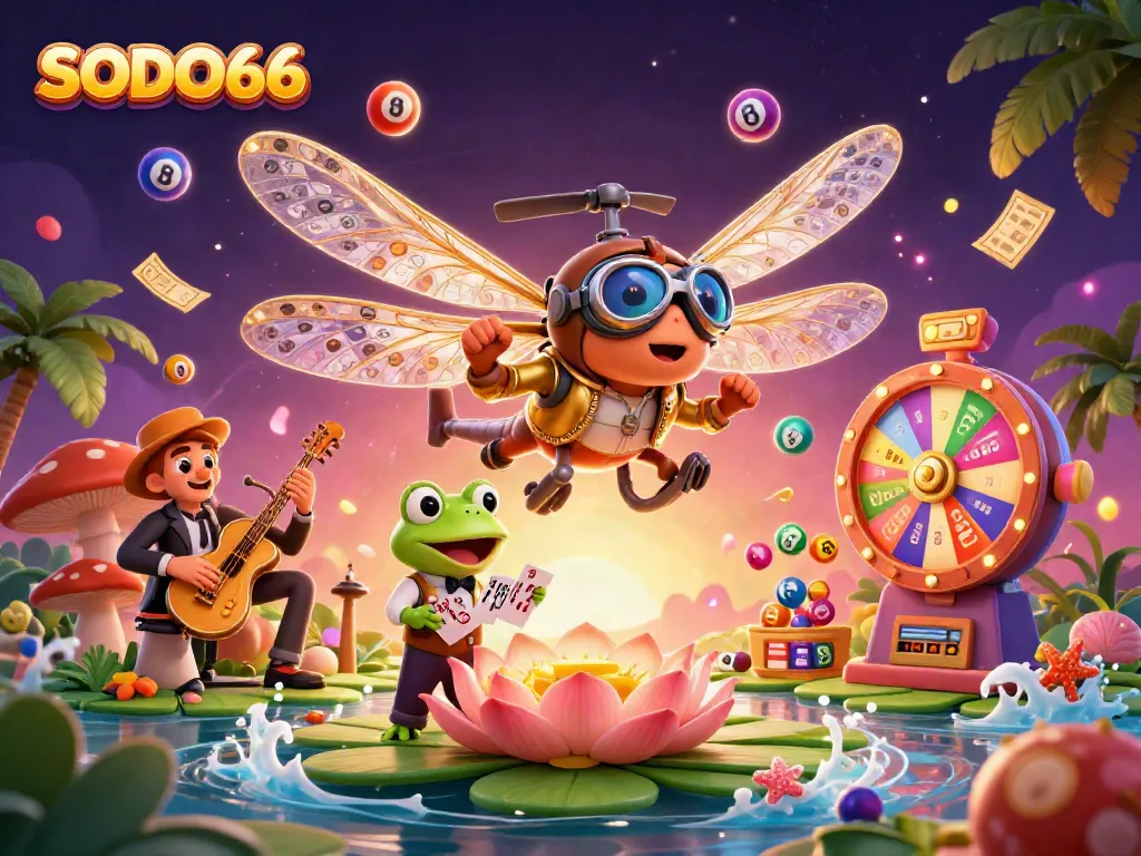 Experience dynamic gaming with SODO66's vibrant illustration featuring a casino scene with engaging characters and game elements.
