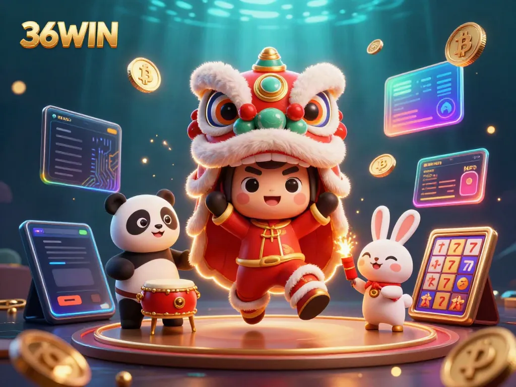 Experience the vibrant 36WIN casino atmosphere with a lively Chinese New Year lion dance and crypto elements.