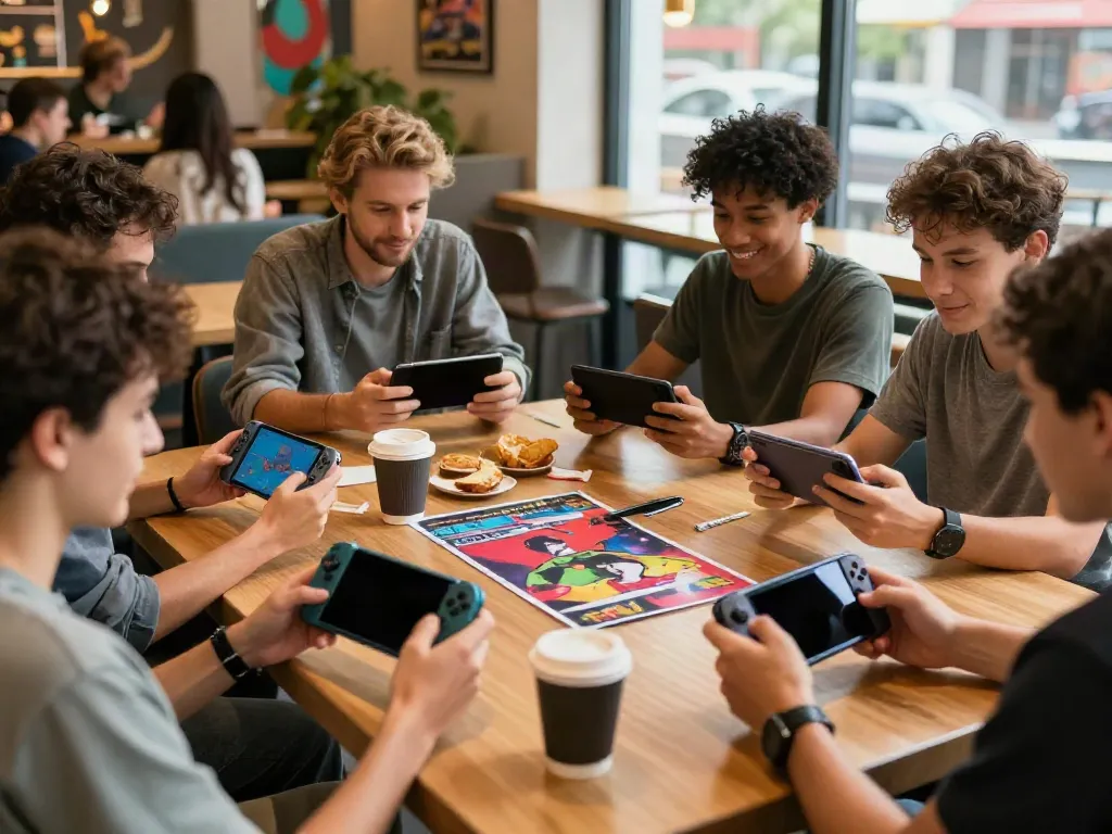 Engaged players enjoying various yono games on their smartphones in a lively coffee shop.
