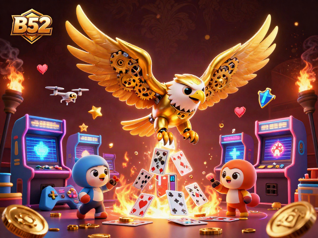 B52-themed golden eagle dives through colorful casino game elements, enhancing gambling excitement.