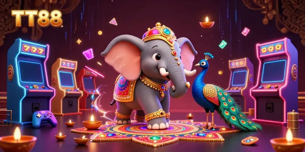 Engage in vibrant gaming at TT88 with a dynamic scene of a colorful elephant and peacock among slot machines and jackpots.