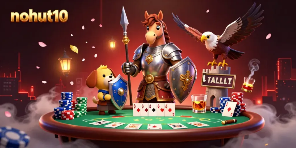 Experience the thrilling action at nohut10 with a dynamic casino scene featuring rich poker elements and enchanting characters.