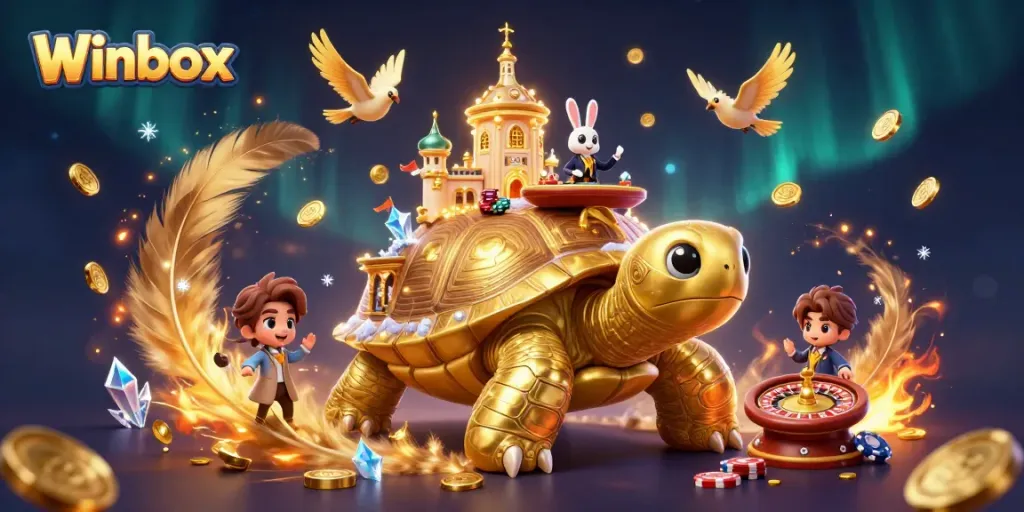 Winbox leads the action in this lively casino scene with a golden tortoise, dealer, and floating coins.