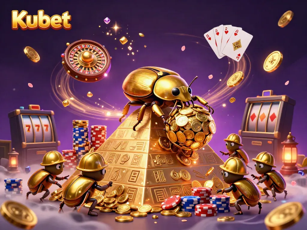 Kubet's vibrant 3D illustration showcases a golden beetle amidst cascading winnings and rich casino imagery.