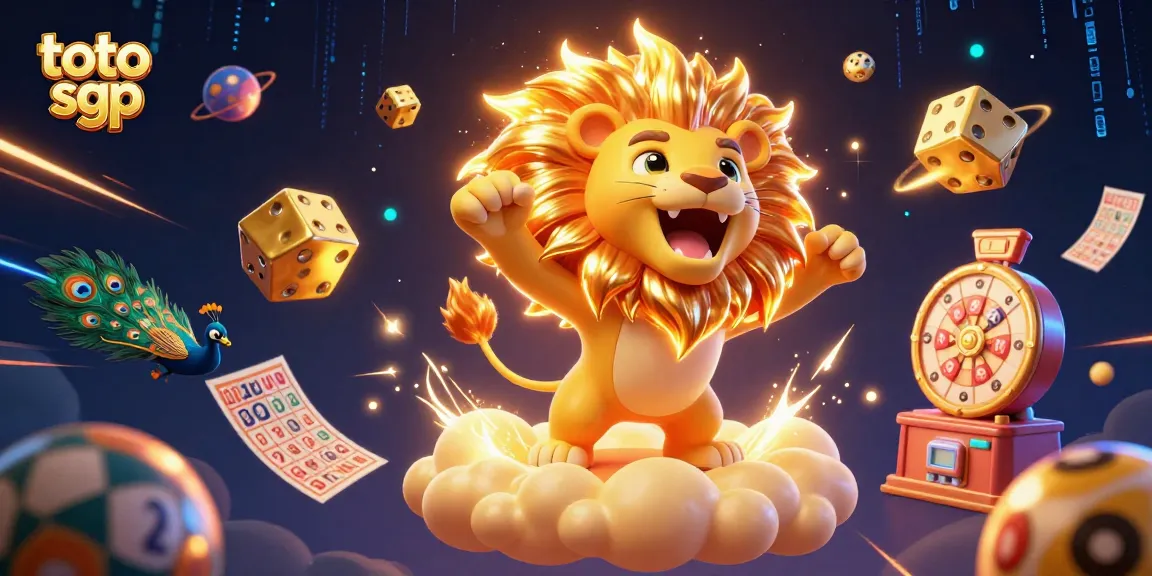 Engage with the vibrant lottery scene featuring a roaring lion and dynamic elements in the toto sgp illustration.