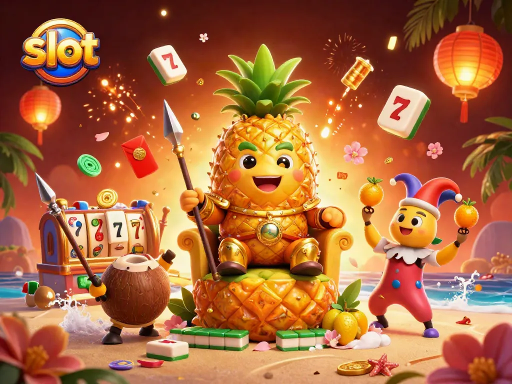 Spin and win with vibrant slot symbols surrounding the golden pineapple king on a beach casino scene.