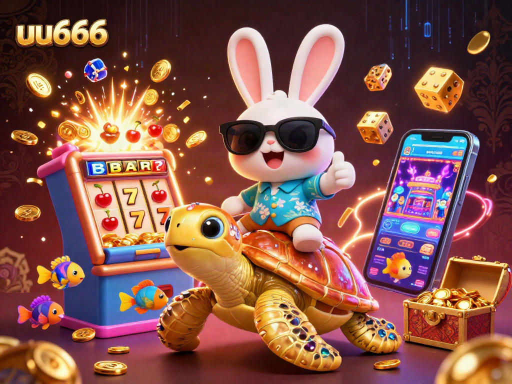 Experience exciting wins with uu666 in this vibrant casino-themed illustration featuring a lucky rabbit and golden turtle.