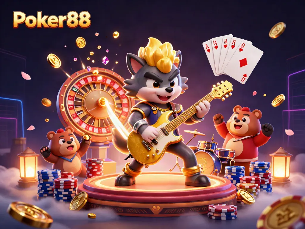 Experience Poker88 with an electrifying casino scene featuring a rocking wolf and a wild bear amidst vibrant gaming elements.