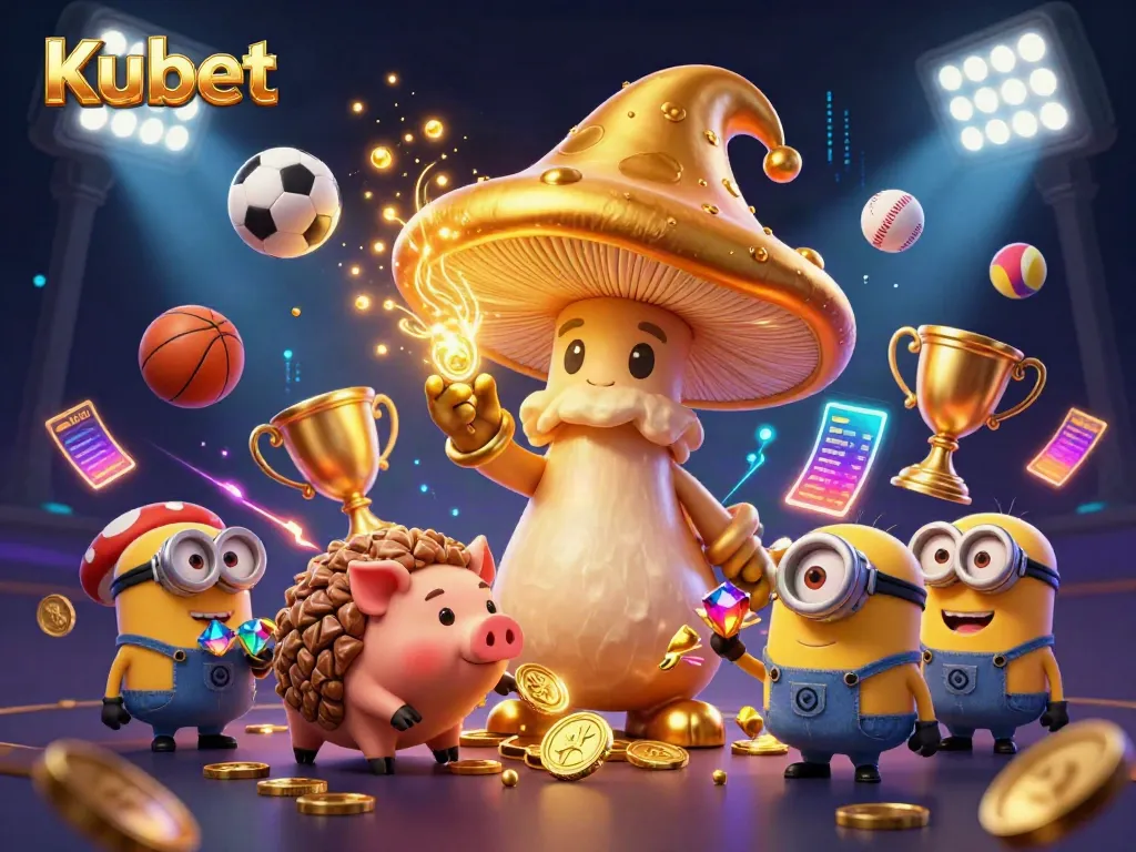 Kubet captures the excitement of online betting with a magical theme featuring a golden mushroom wizard, sports elements, and vibrant casino energy.