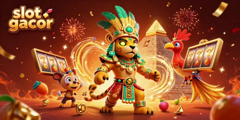 Engage with slot gacor as vibrant slot reels spin around a Mayan priest scene.