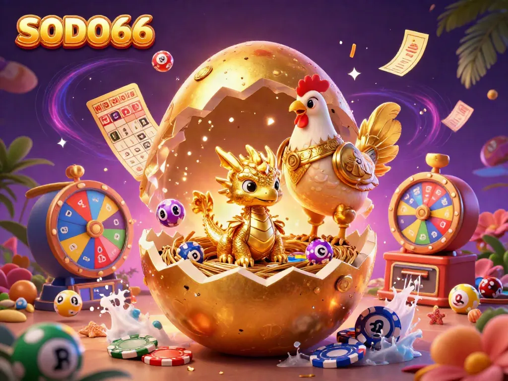 Experience the thrilling world of SODO66 with a golden dragon on poker chips amidst vibrant lottery elements.