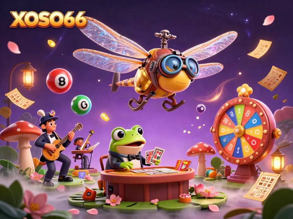 XOSO66 brings excitement with a dragonfly pilot, frog dealer, and vibrant casino elements.
