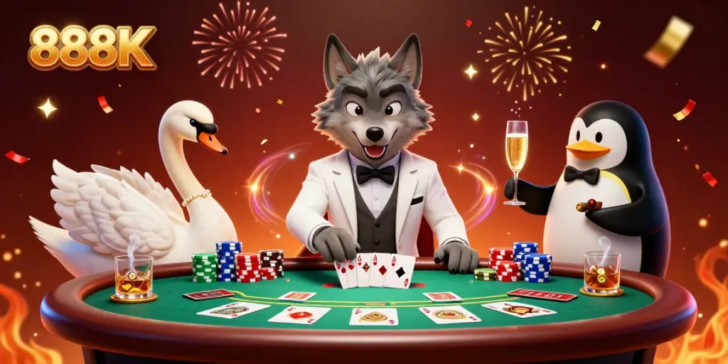 Experience the thrill of gambling with engaging 888K casino characters at a lively baccarat table.