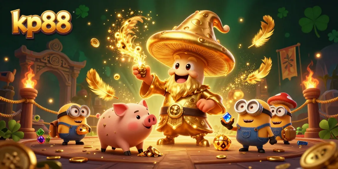 Experience thrilling gameplay at kp88 with a golden mushroom wizard, treasure-hunting pig, and vibrant casino elements.