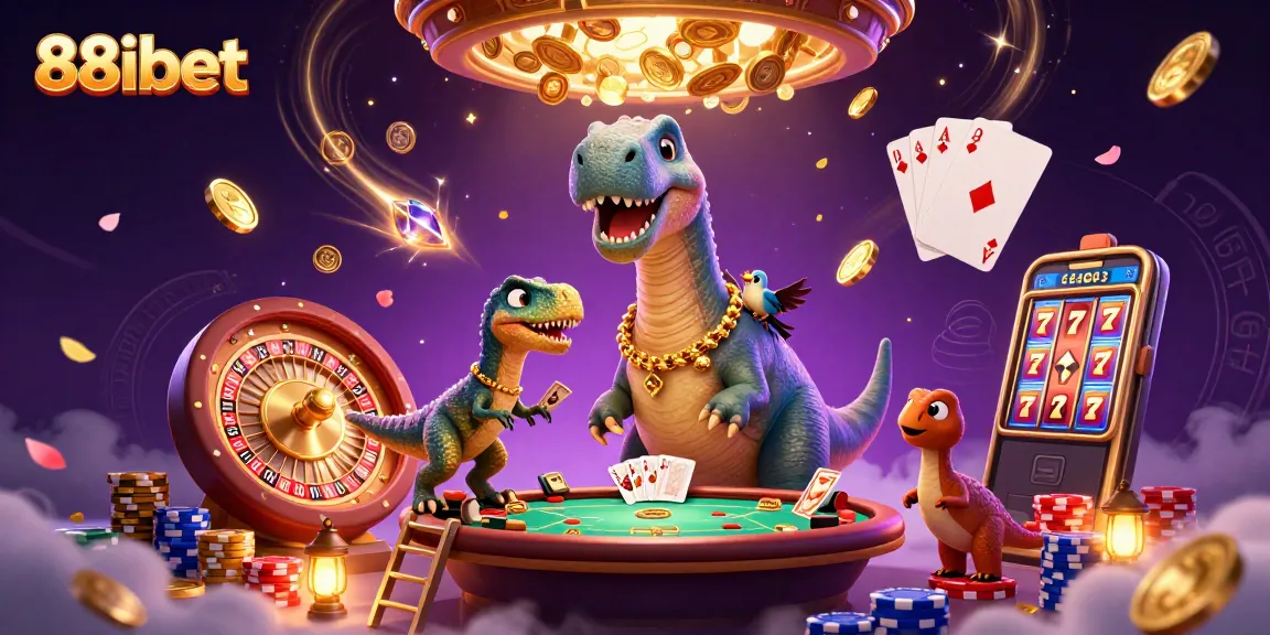 Experience the thrill of 88ibet with a towering brontosaurus and raptor dealer in a vibrant casino scene.