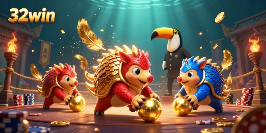 Engage with 32win as rival pangolins bowl through poker chips in a vibrant casino setting.