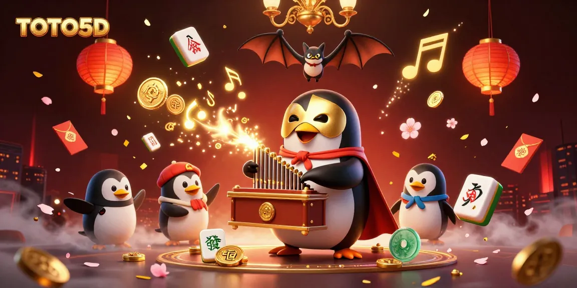 TOTO5D penguin organ player launches golden coins in dynamic casino scene with festive elements.