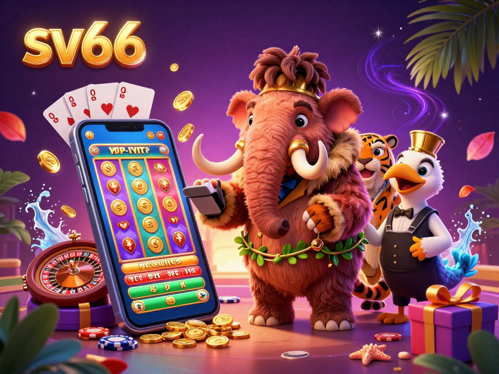 Experience sv66's vibrant casino scene with a woolly mammoth, saber-tooth tiger, and vibrant gaming elements.