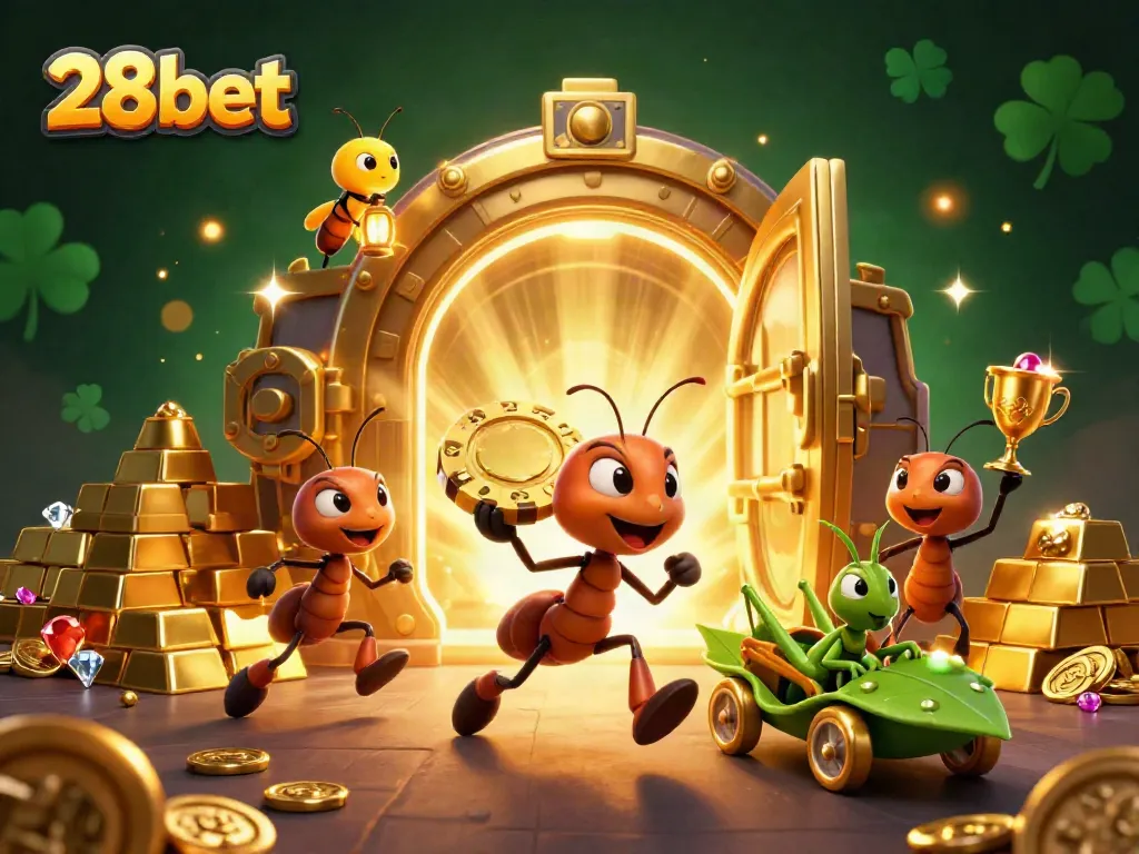Ants executing a heist with a gigantic poker chip, showcasing the thrill of 28bet casino.