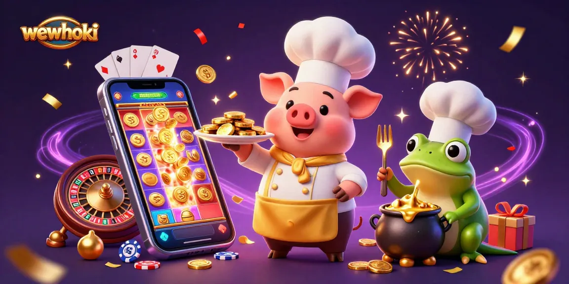 WEWHOKI menghadirkan chef kartun 3D menyajikan koin emas dalam suasana kasino yang meriah.