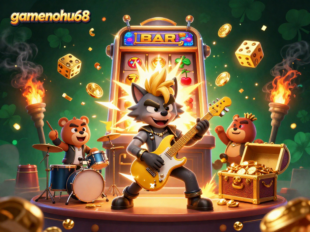 Experience thrilling action with gamenohu68 showcasing a rock star wolf in a vibrant casino atmosphere.