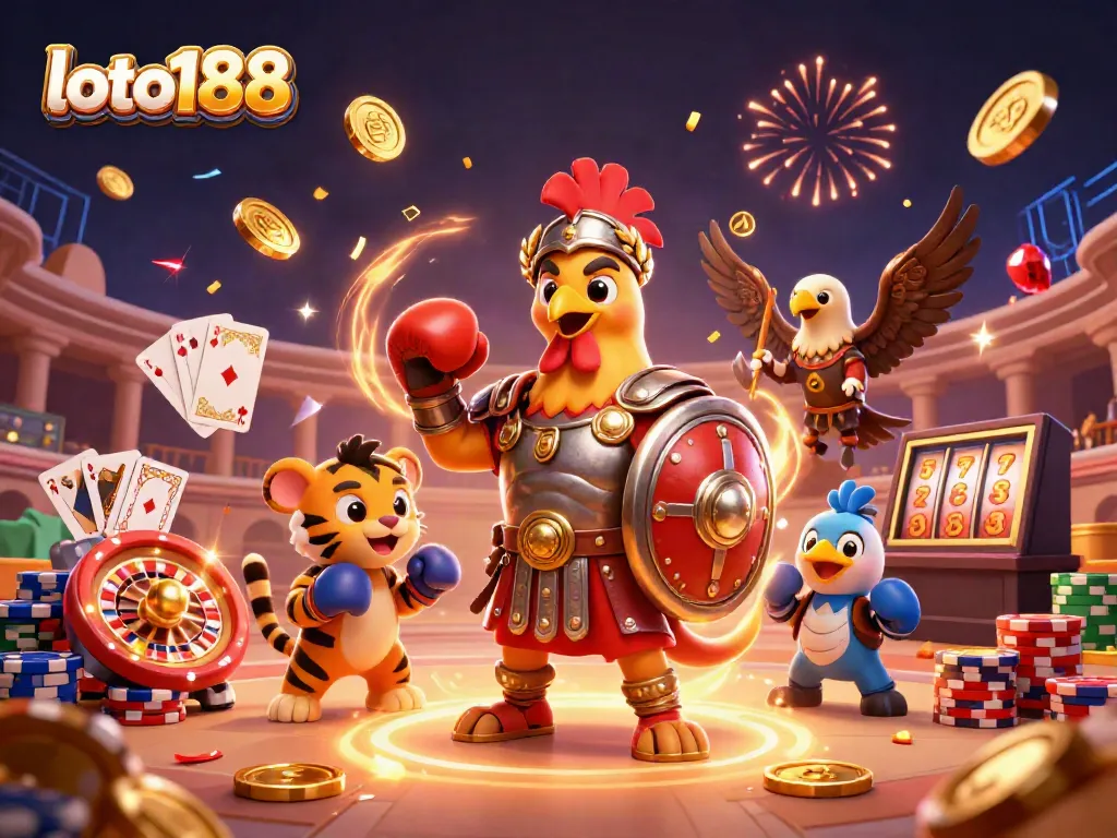 Engage with loto188's vibrant casino experience featuring a gladiator rooster, tiger cub, and eagle amidst dynamic gaming visuals.