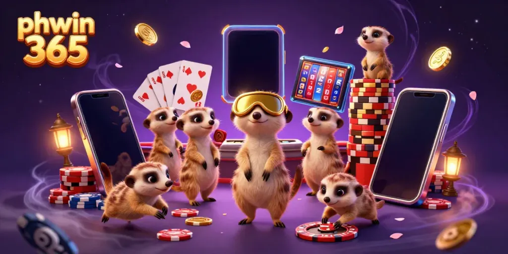 Experience the thrill of gaming with phwin 365 meerkats running a colorful casino operation in this dynamic illustration.