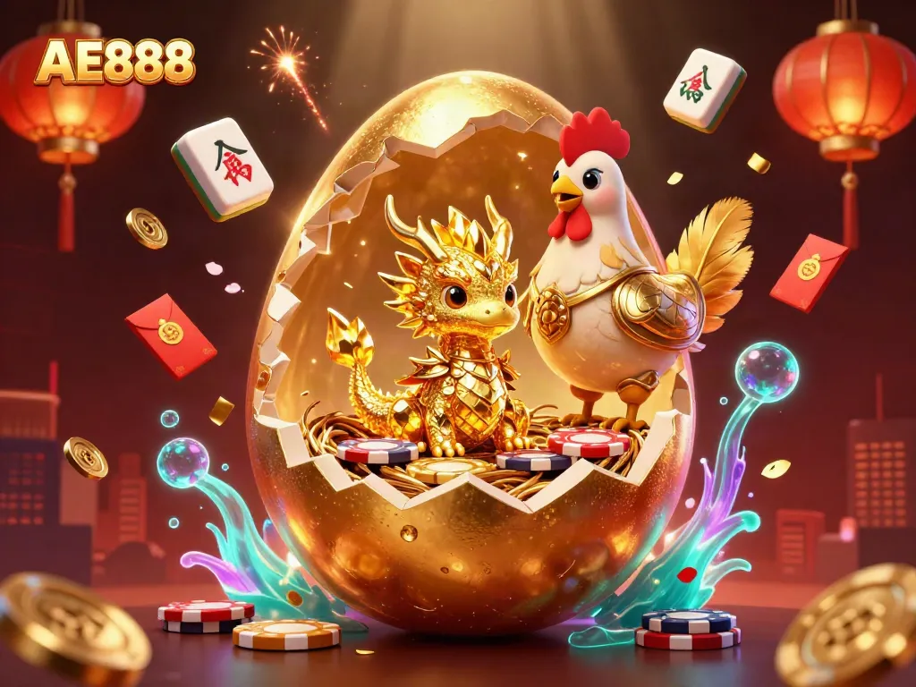 Experience the excitement of AE888 with a dynamic dragon and poker chips scene.