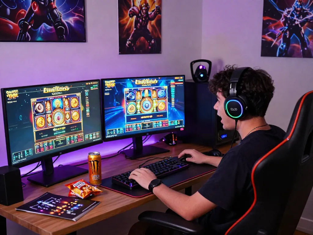 Immersive gaming setup showcasing slot gacor excitement with vibrant screens and player enthusiasm.