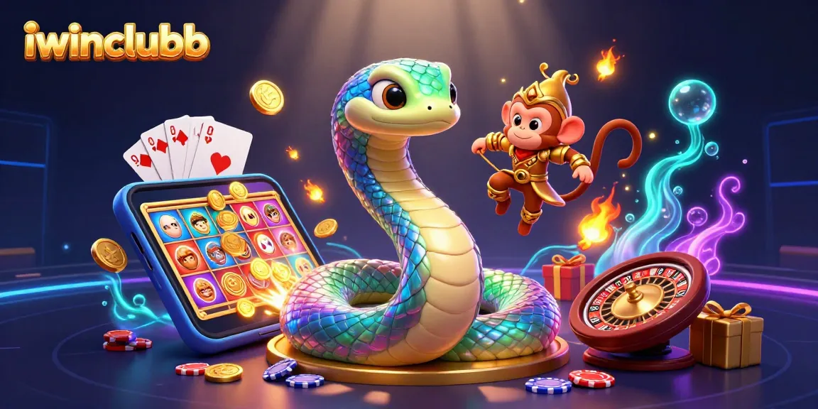 Engage with iwinclubb's vibrant slot games featuring a dazzling serpent and monkey king in a lively casino scene.