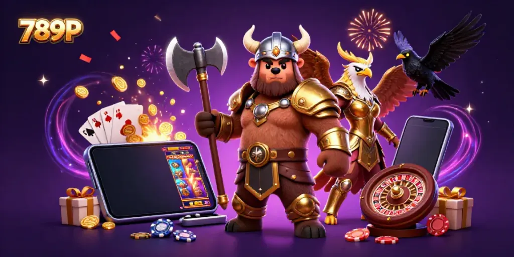 Experience the thrill of 789P with interactive characters celebrating gambling excitement in a vibrant casino scene.