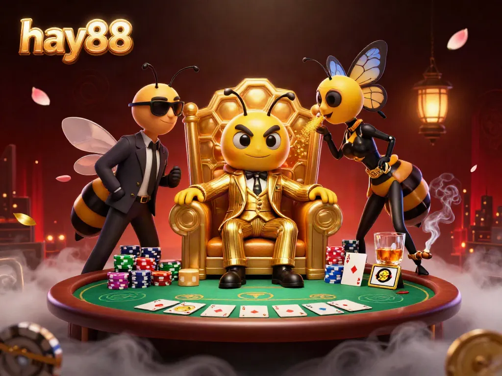 Experience excitement at hay88 casino with lively 3D mob characters and poker elements in dynamic illustration.