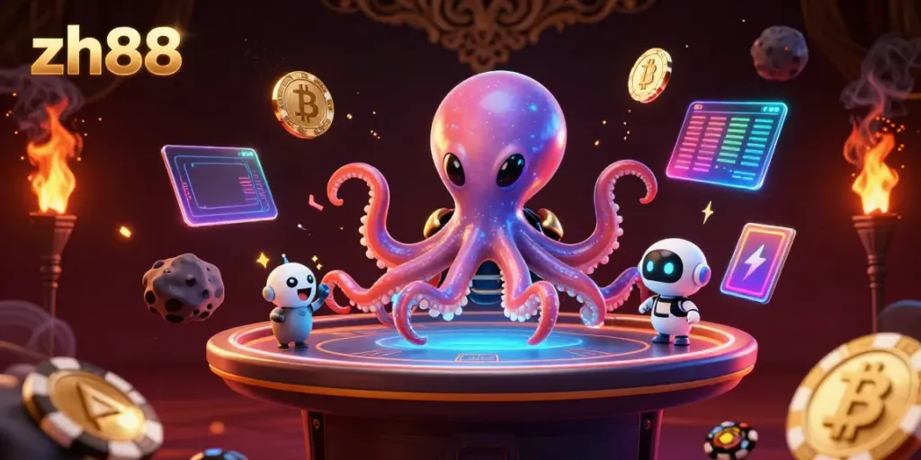 Engage with zh88 for thrilling games, featuring a vibrant octopus at a holographic poker table.