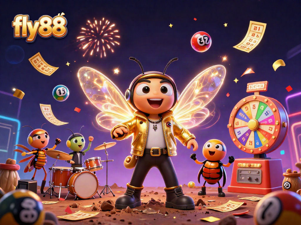 Engage with the thrilling world of fly88 through vibrant visuals of dynamic lottery elements and energetic characters.