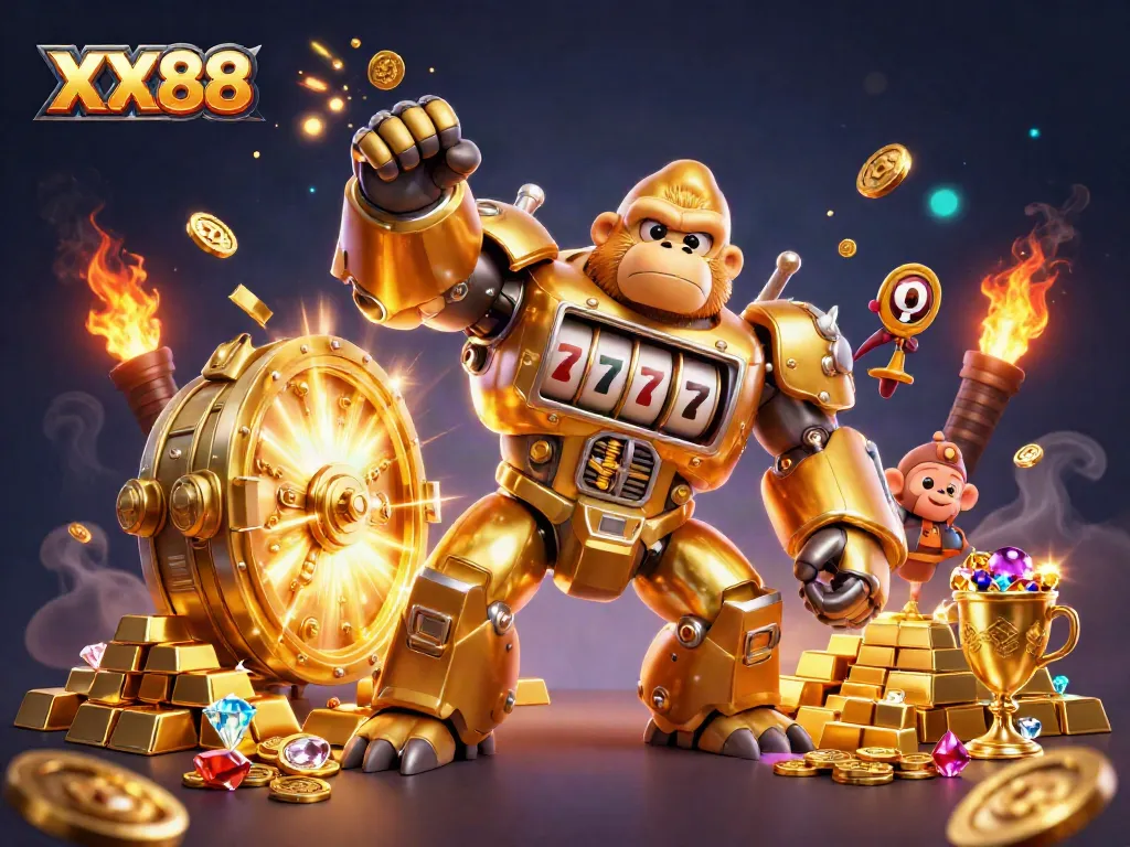 Spin to win with XX88's mega jackpot gorilla mech amidst a treasure-filled scene.