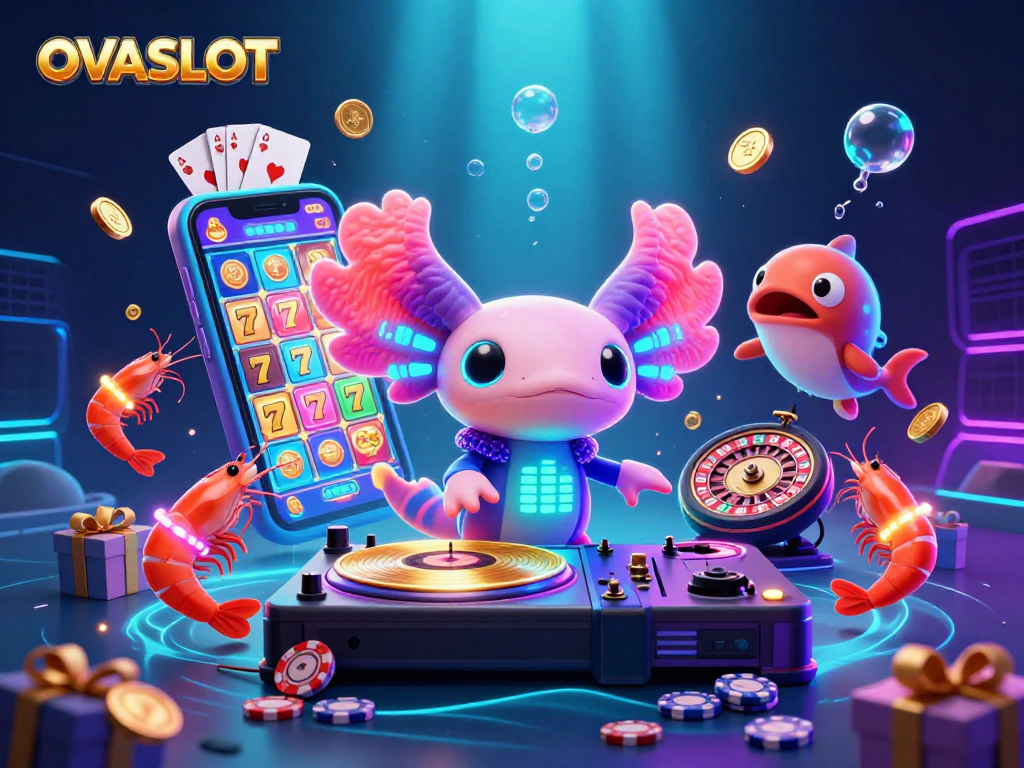 Spin the reels at OVASLOT with a vibrant underwater DJ scene featuring slot games and neon characters.