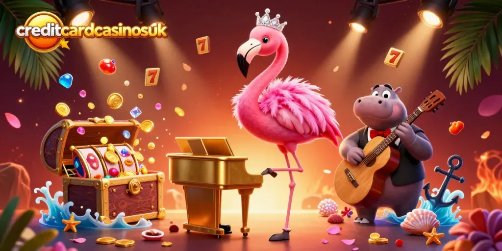 Experience vibrant gameplay at creditcardcasinosuk with a flashy casino scene featuring lively characters and exciting slot elements.