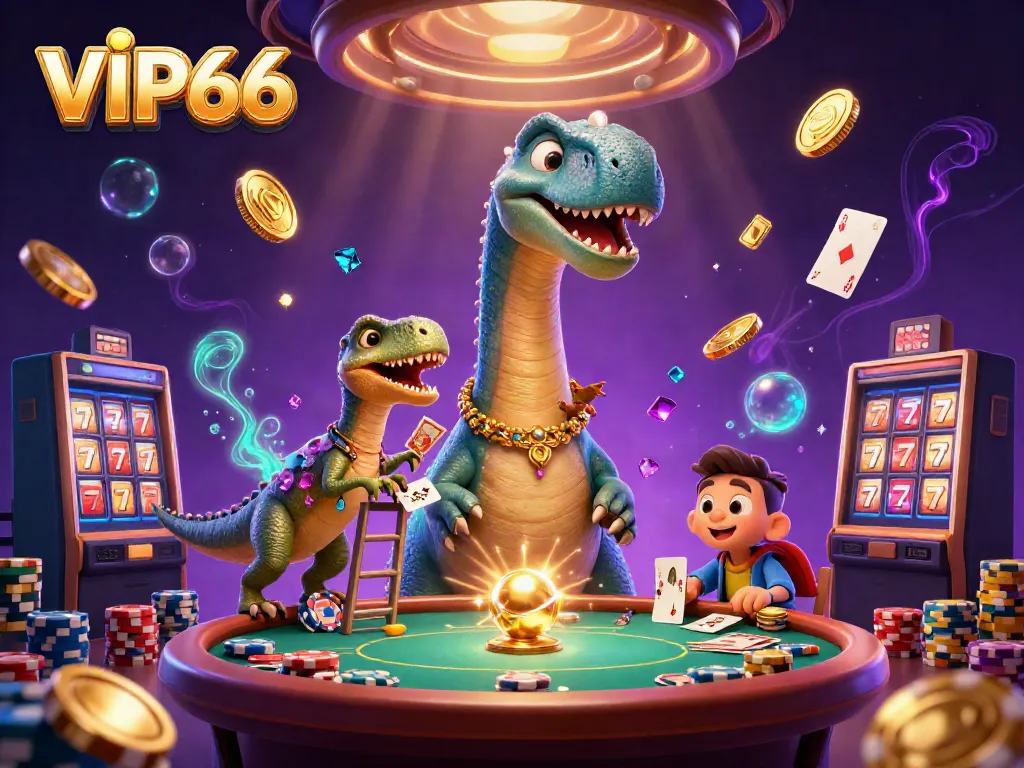Engage with VIP66's thrilling casino scene featuring a towering brontosaurus and dynamic gameplay.