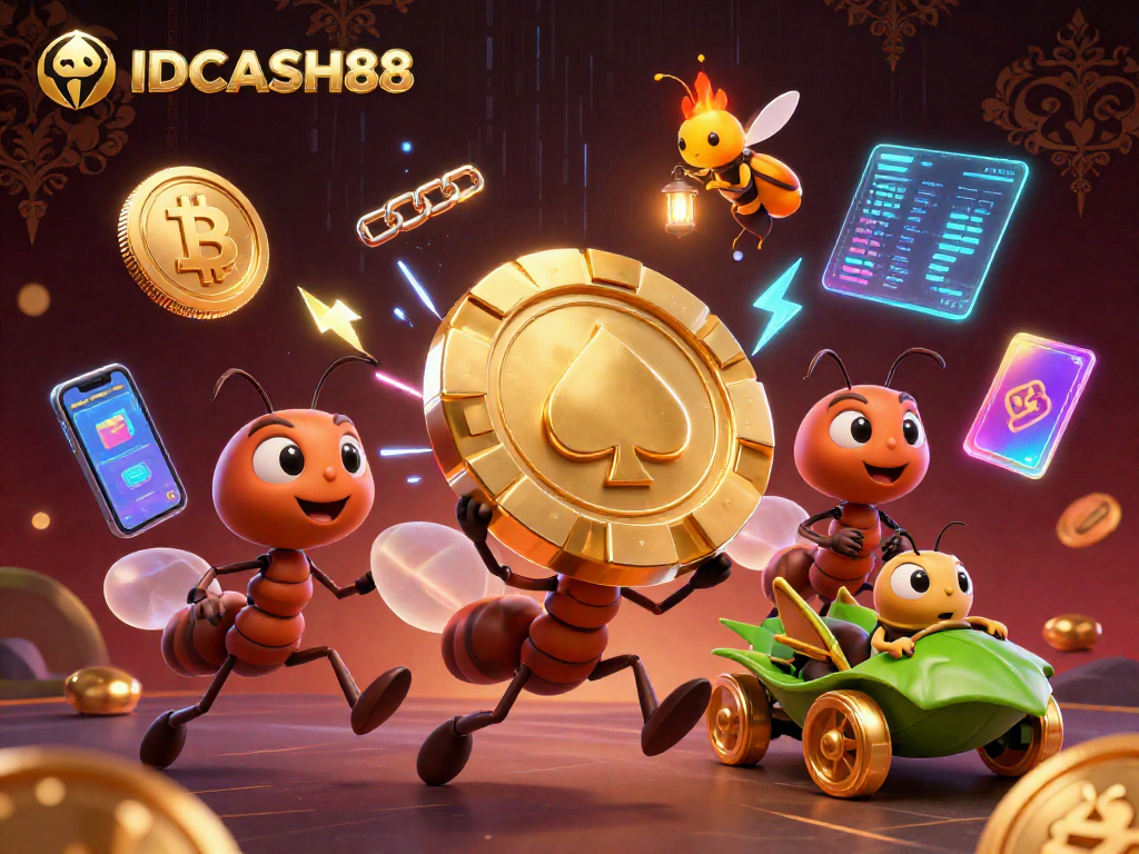 Experience thrilling adventures with IDCASH88 as cartoon ants steal a giant poker chip.