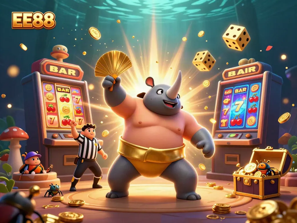 EE88 captures a vibrant casino scene with a sumo beetle champion amidst slot machines and golden treasures.