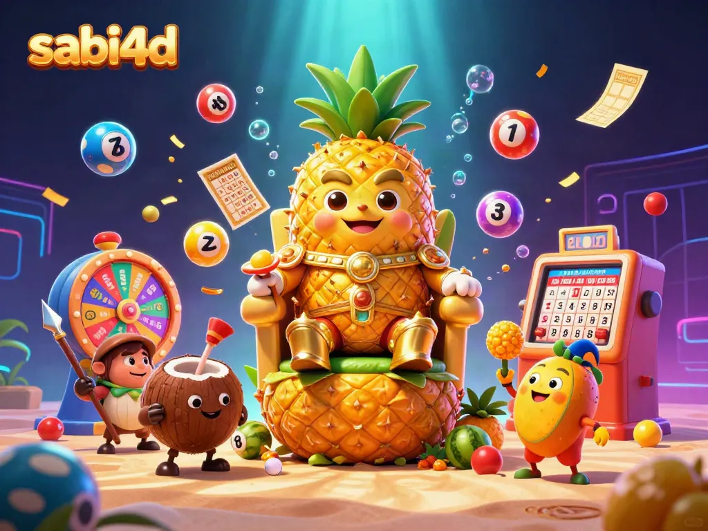 Experience the vibrant world of gambling with the colorful sabi4d illustration featuring a golden pineapple king and dynamic lottery elements.