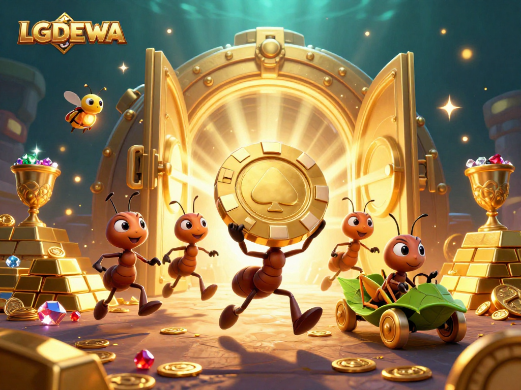 Experience the excitement of LGODEWA with cartoon ants on a heist amid golden treasures.