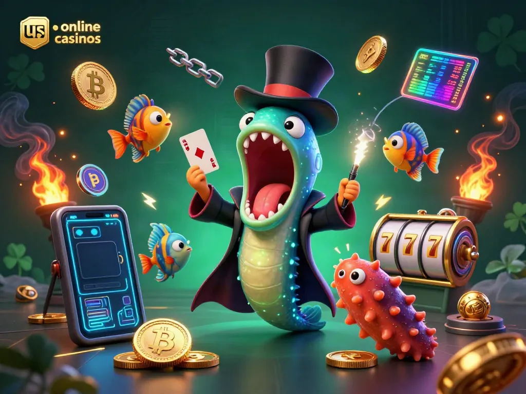 Perform a card trick with a bioluminescent eel in a magical underwater scene, promoting us online casinos.