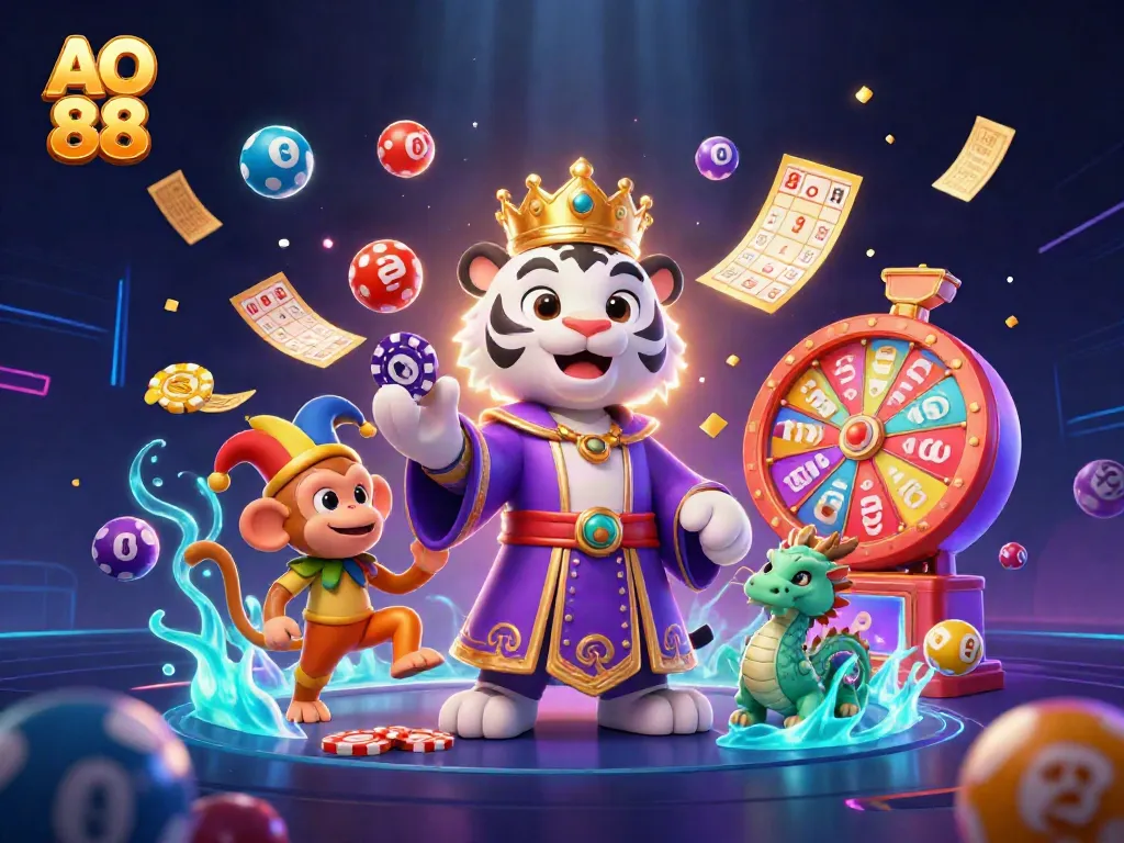 Win big with AO 88 as stunning characters celebrate casino action among colorful lottery elements.