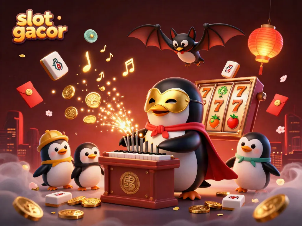 Gambarkan slot gacor dengan penguin opera dan elemen slot yang menyenangkan dalam ilustrasi 3D