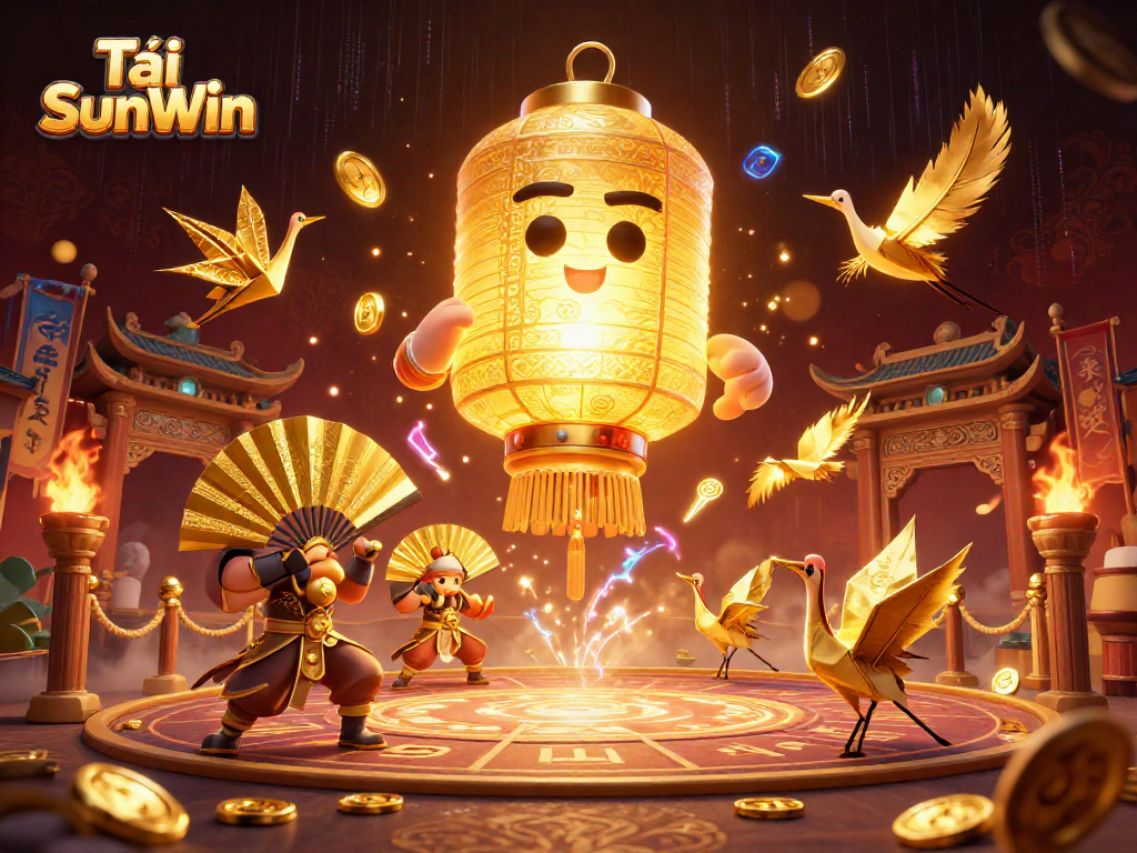 Tải SunWin features a vibrant illustration of a floating golden lantern spirit above an Asian casino, surrounded by lucky symbols and game elements.