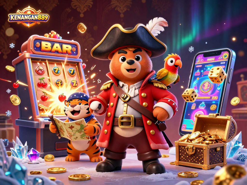 Experience the thrill at KENANGAN889 with a 3D illustration of a pirate bear, tiger, and parrot amidst jackpots.